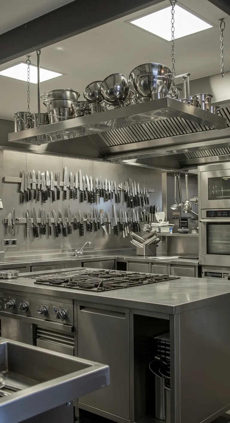Cocina profesional con paredes de acero, estantes y bandas magnéticas para organizar utensilios