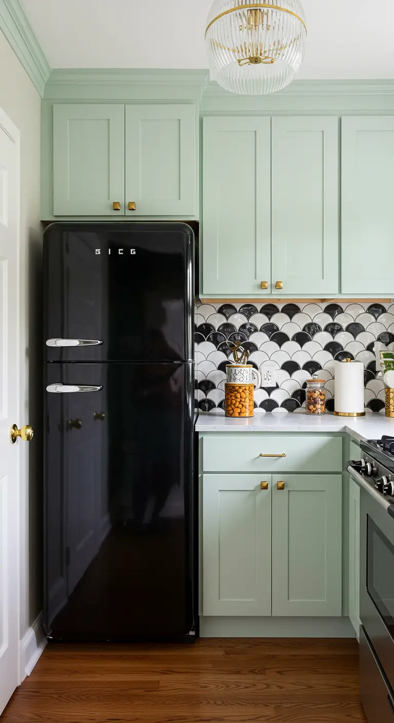 Cocina Art Déco con frigorífico negro, armarios verde menta y azulejos de escamas.