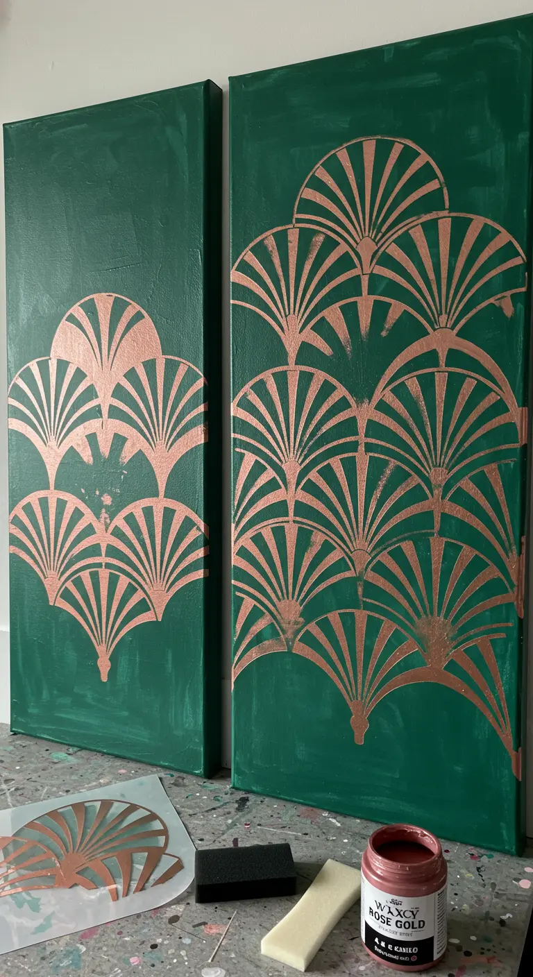 Dos lienzos verdes con un patrón art déco en color cobre aplicado con una plantilla.