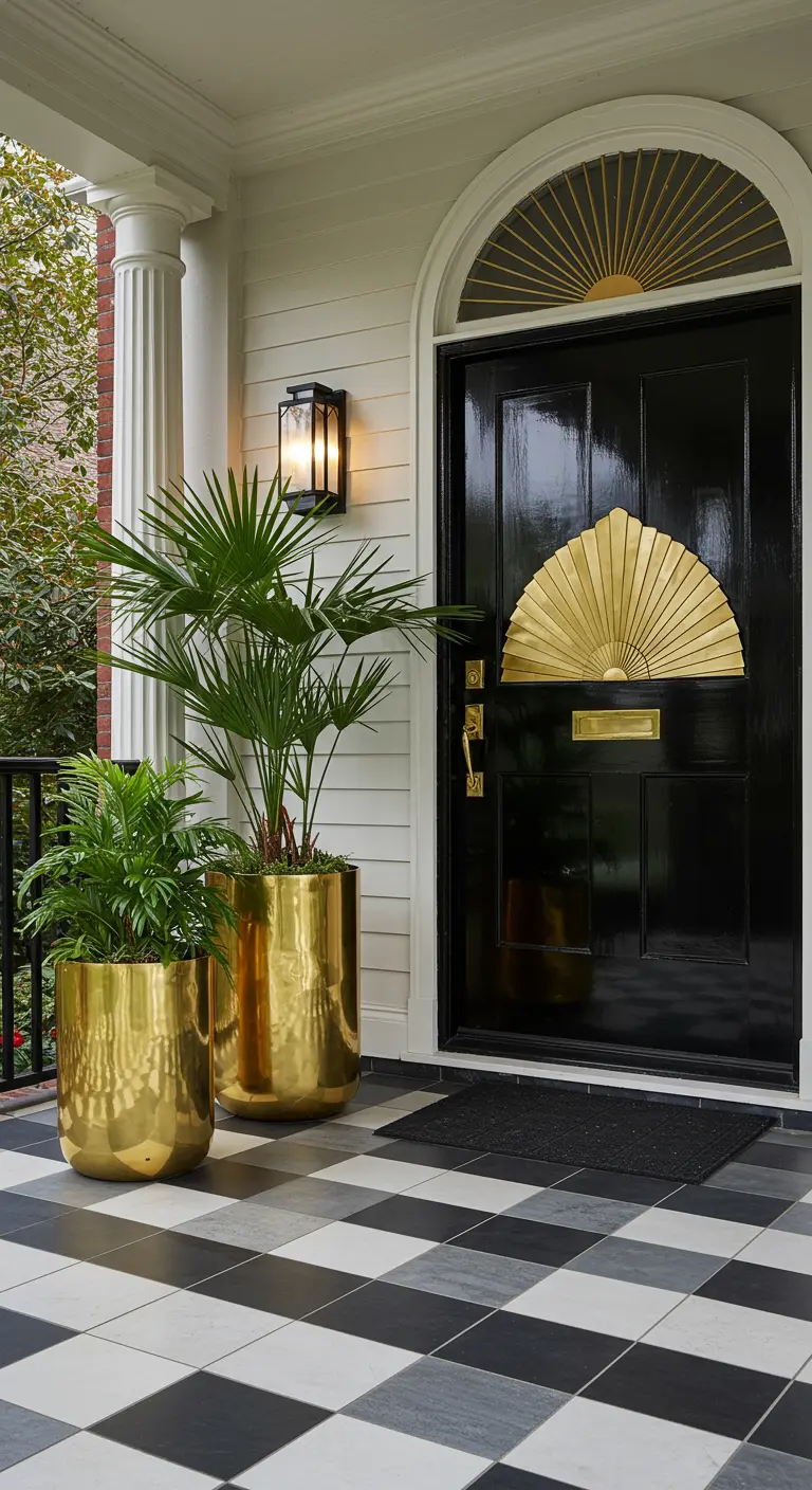 Puerta negra brillante con detalles Art Déco dorados, suelo de damero y maceteros dorados.