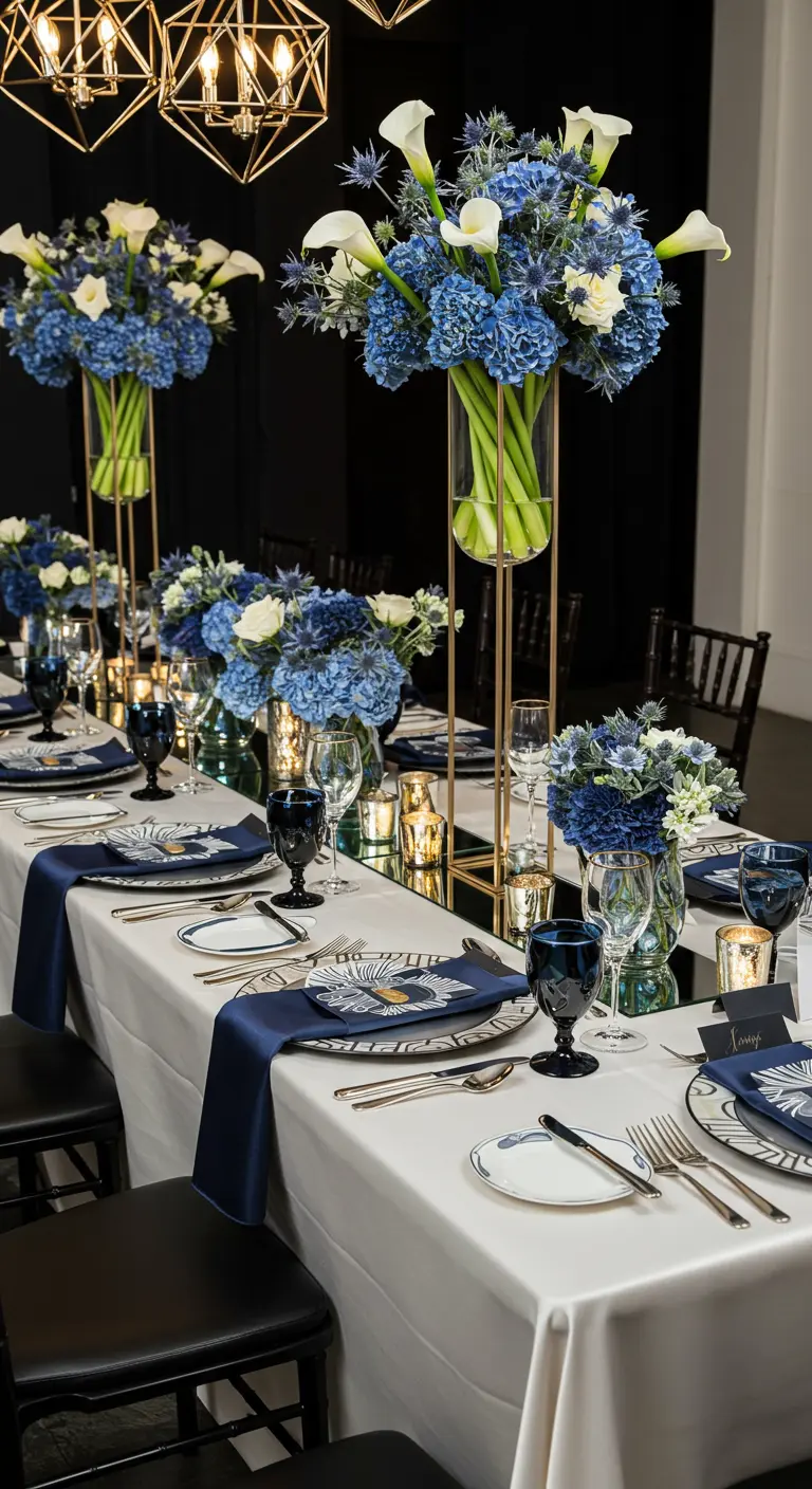 Mesa de bautizo moderna y glamurosa con flores azules, copas oscuras y detalles dorados.