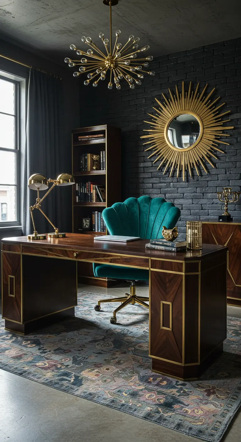 Oficina sofisticada con pared de ladrillo oscuro, espejo sol dorado y una silla de terciopelo turquesa.