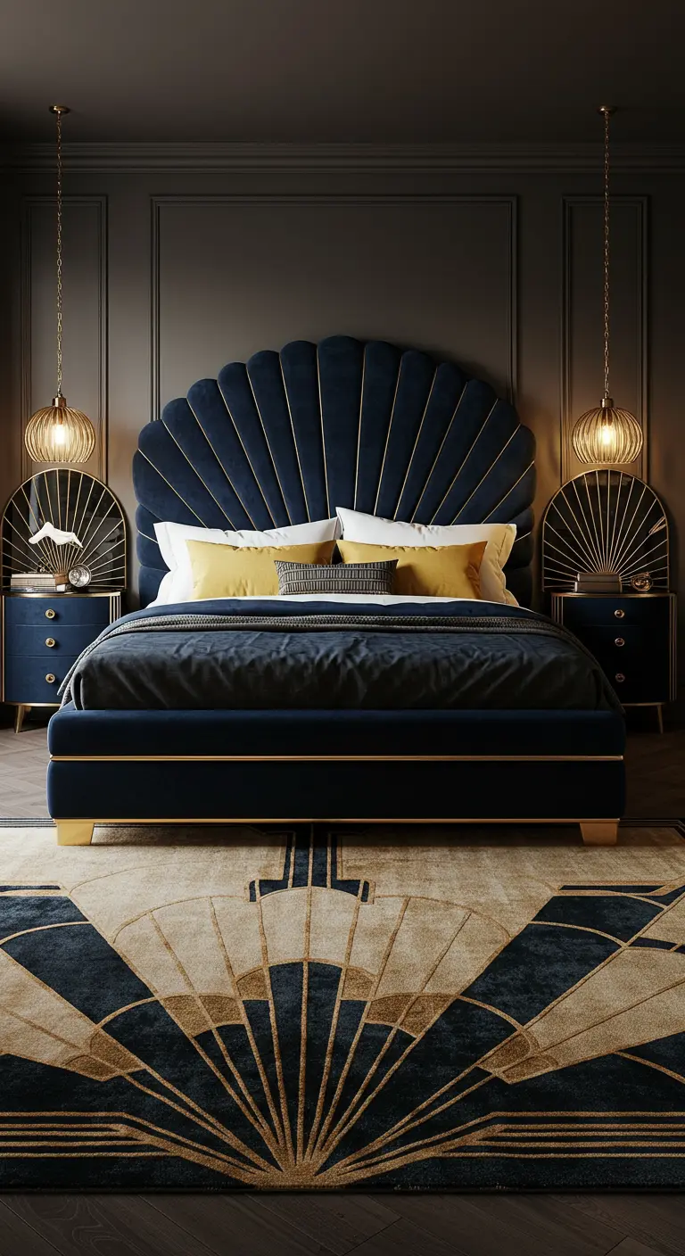Dormitorio Art Déco con cabecero de terciopelo azul en forma de concha y una gran alfombra geométrica.
