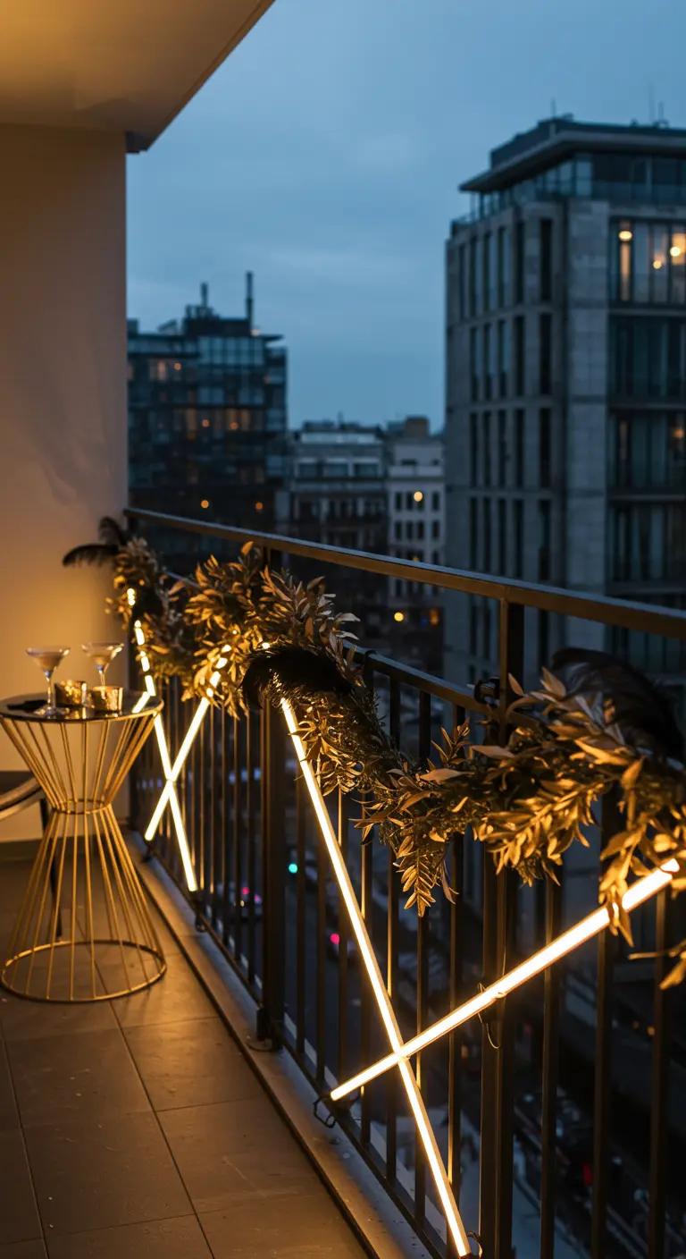 Balcón urbano con luces de tubo LED en forma de estrella y una guirnalda dorada con plumas negras.