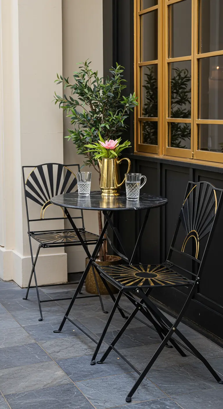 Conjunto plegable de metal negro y dorado de estilo Art Déco con una mesa de mármol.