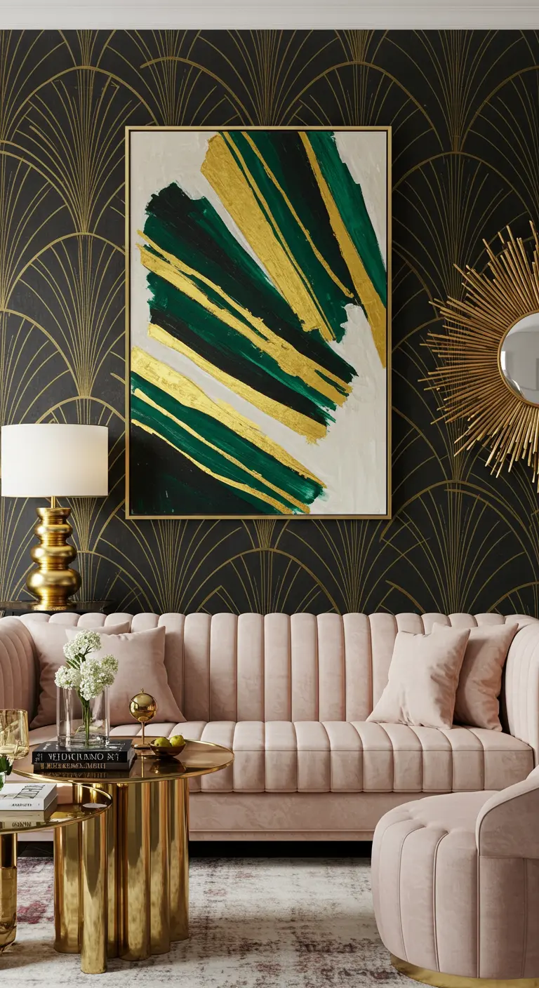 Sala Art Déco con papel pintado geométrico, sofá rosa y cuadro en verde y dorado.