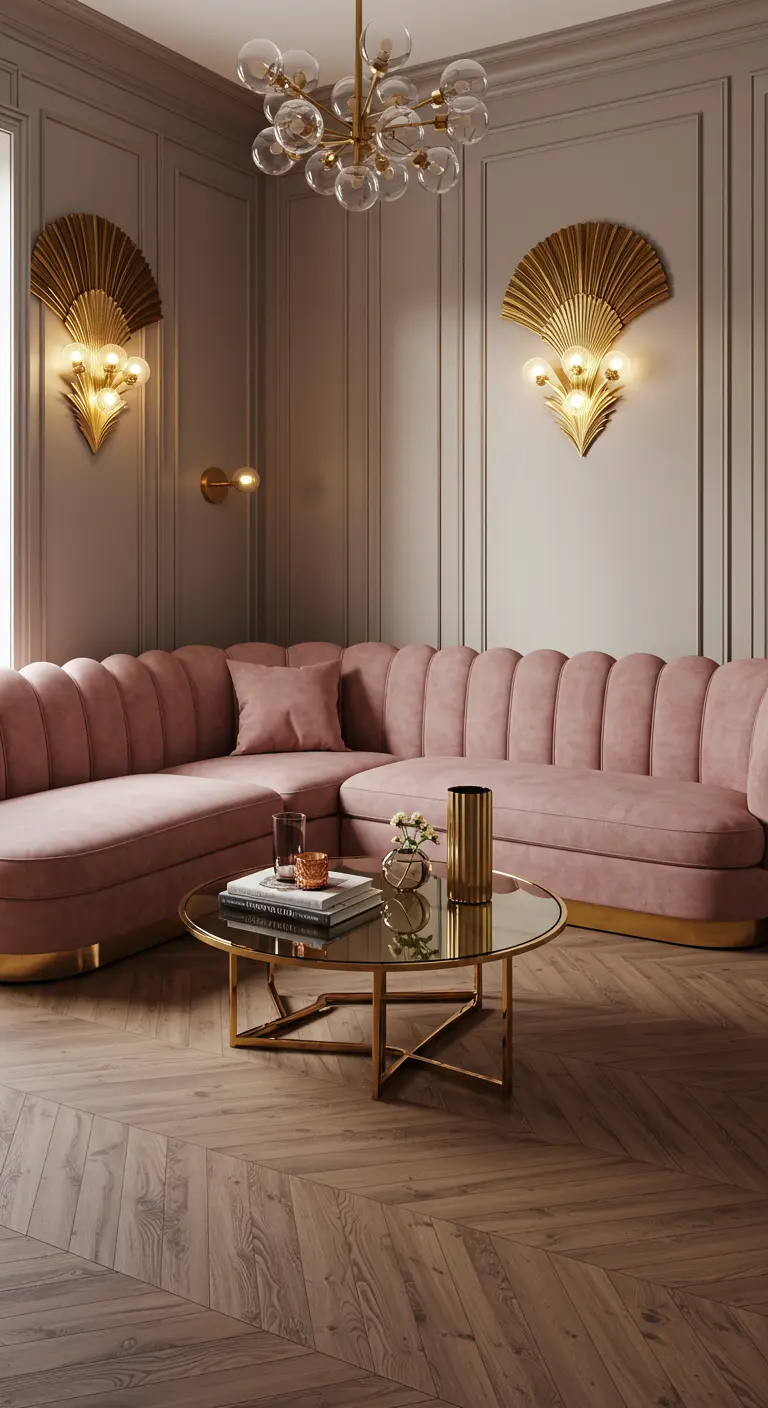Sofá modular curvo de terciopelo rosa con base dorada en un salón de estilo Art Déco.