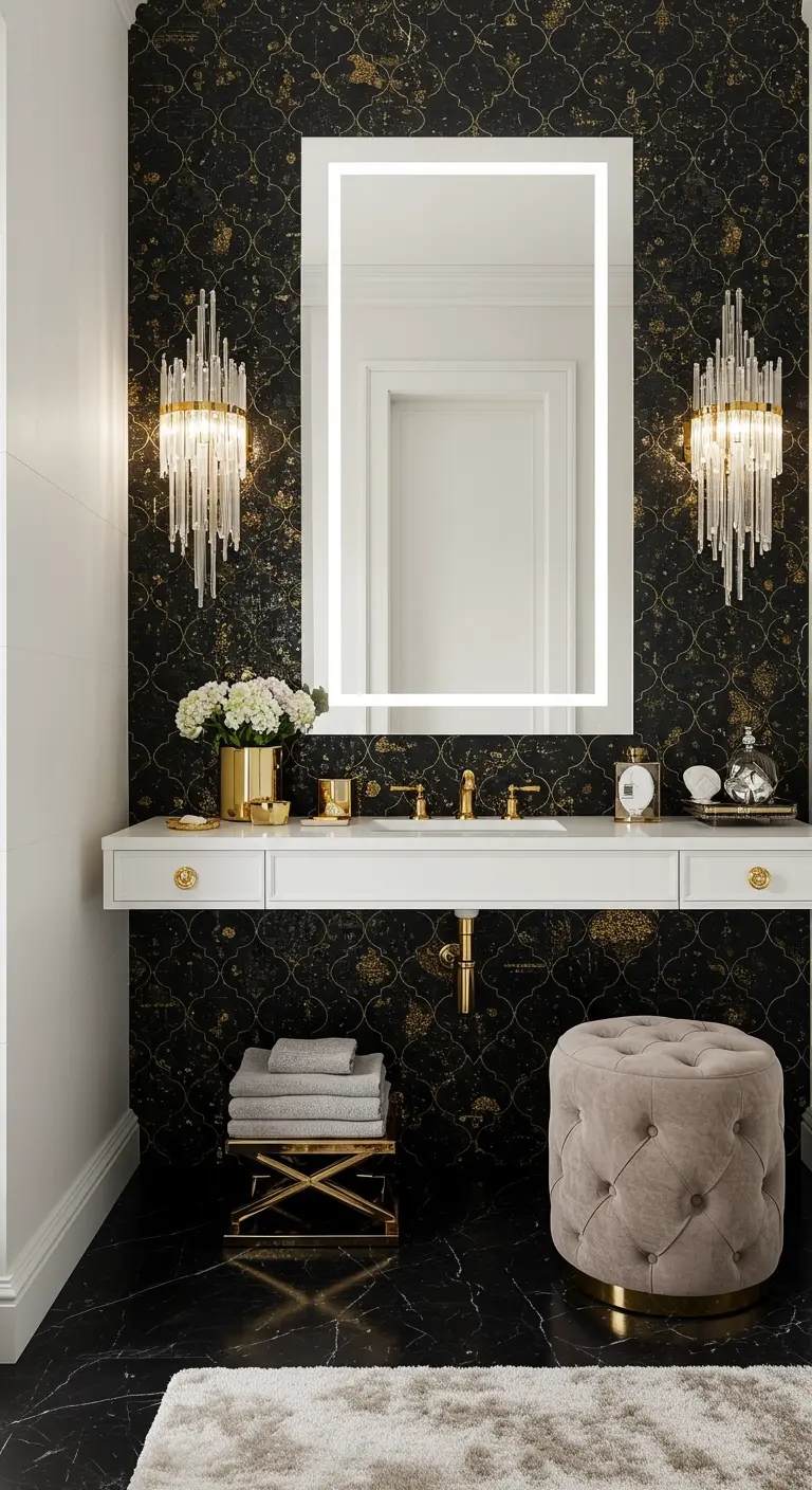Tocador de baño con pared de mosaico negro y dorado, espejo iluminado y apliques de cristal.