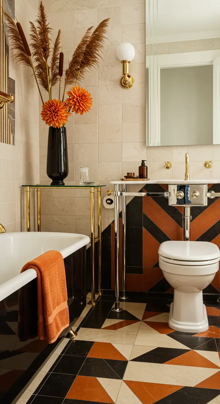 Baño de estilo Art Déco con azulejos geométricos naranjas y negros, y flores secas.