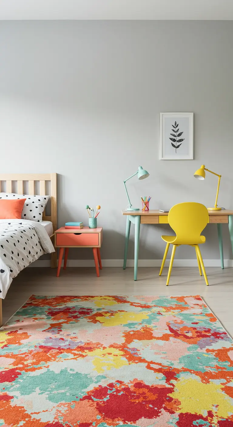 Dormitorio con paredes grises neutras y una gran alfombra abstracta y colorida en el suelo.