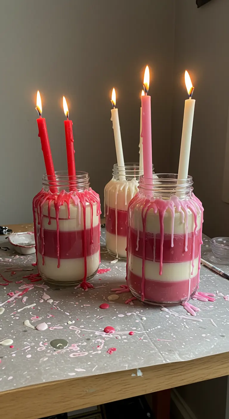 Frascos de vidrio con capas de cera blanca y rosa, y velas de colores que gotean por los lados.