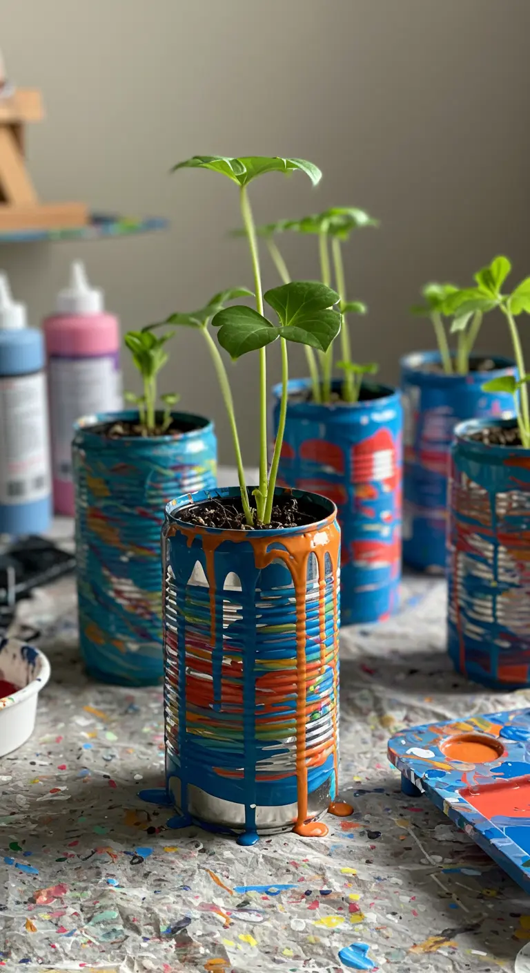 Macetas de lata decoradas con la técnica de goteo de pintura de varios colores.