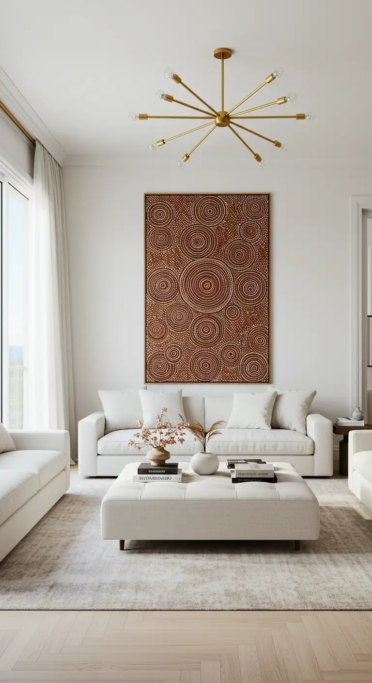 Sala de estar blanca con lámpara sputnik dorada y un gran cuadro de arte aborigen.