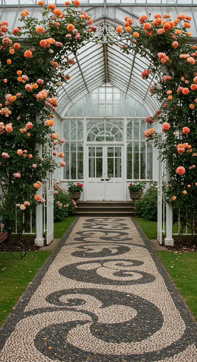 Camino de mosaico de guijarros con diseño de remolinos que conduce a un invernadero con rosales.