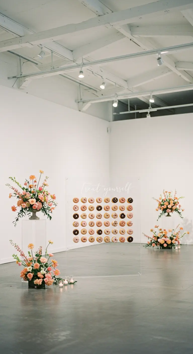 Pared de donuts de acrílico transparente con donuts perfectamente alineados en un espacio minimalista.