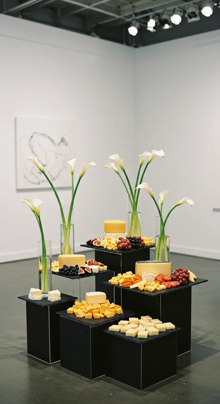Exhibición minimalista de quesos sobre pedestales negros con calas blancas.