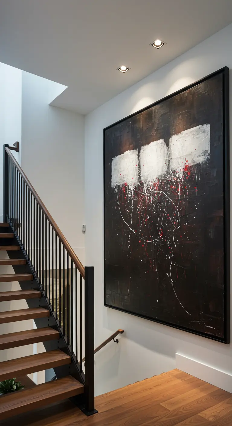 Pared junto a una escalera con un gran cuadro abstracto oscuro con salpicaduras en blanco y rojo.