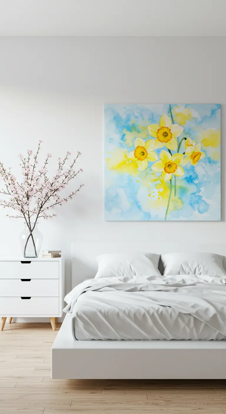 Dormitorio minimalista blanco con un gran cuadro de narcisos amarillos y flores de cerezo.