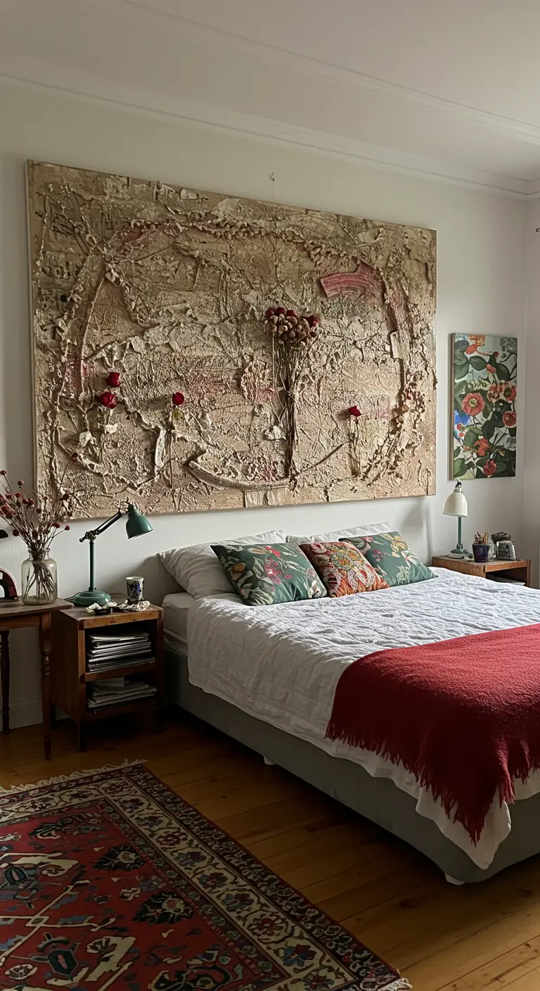 Obra de arte de gran formato con mucho relieve y textura, hecha con materiales mixtos sobre la cama.