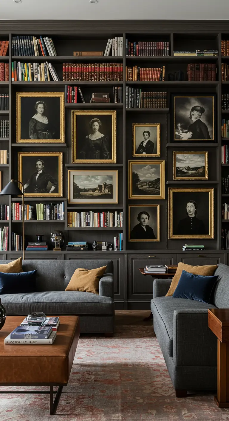Pared de biblioteca oscura con retratos clásicos enmarcados e integrados entre los estantes de libros