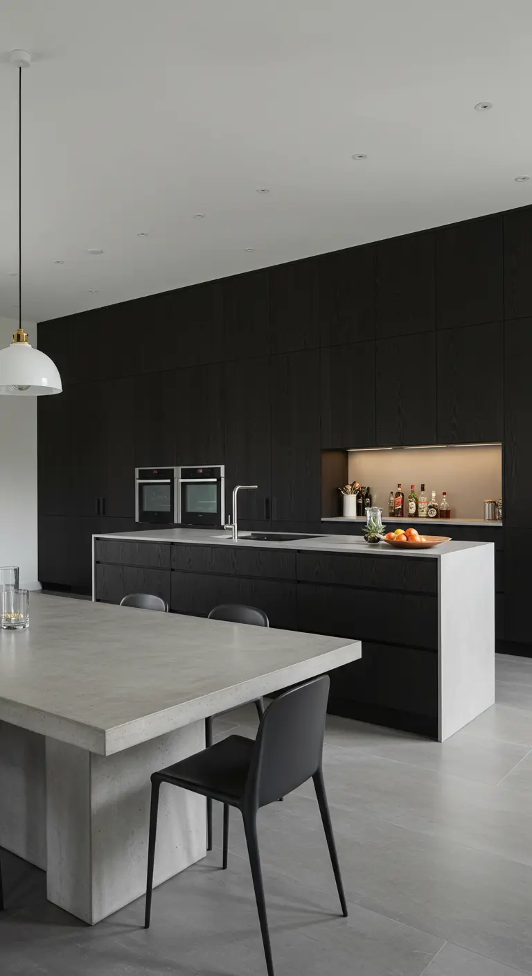 Cocina con gabinetes negros e isla y mesa de comedor de hormigón escultórico.