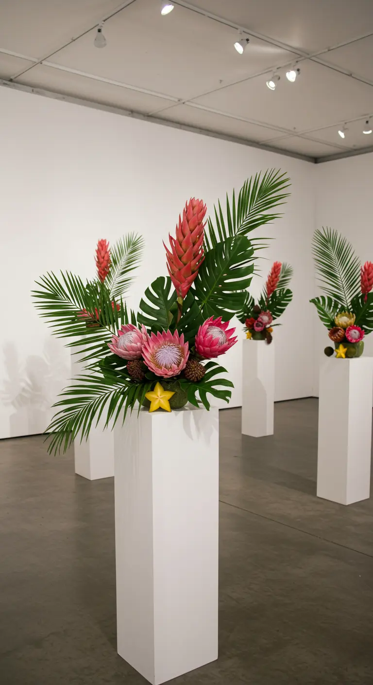 Arreglo floral tropical con proteas y hojas de palmera sobre un pedestal blanco en una galería.