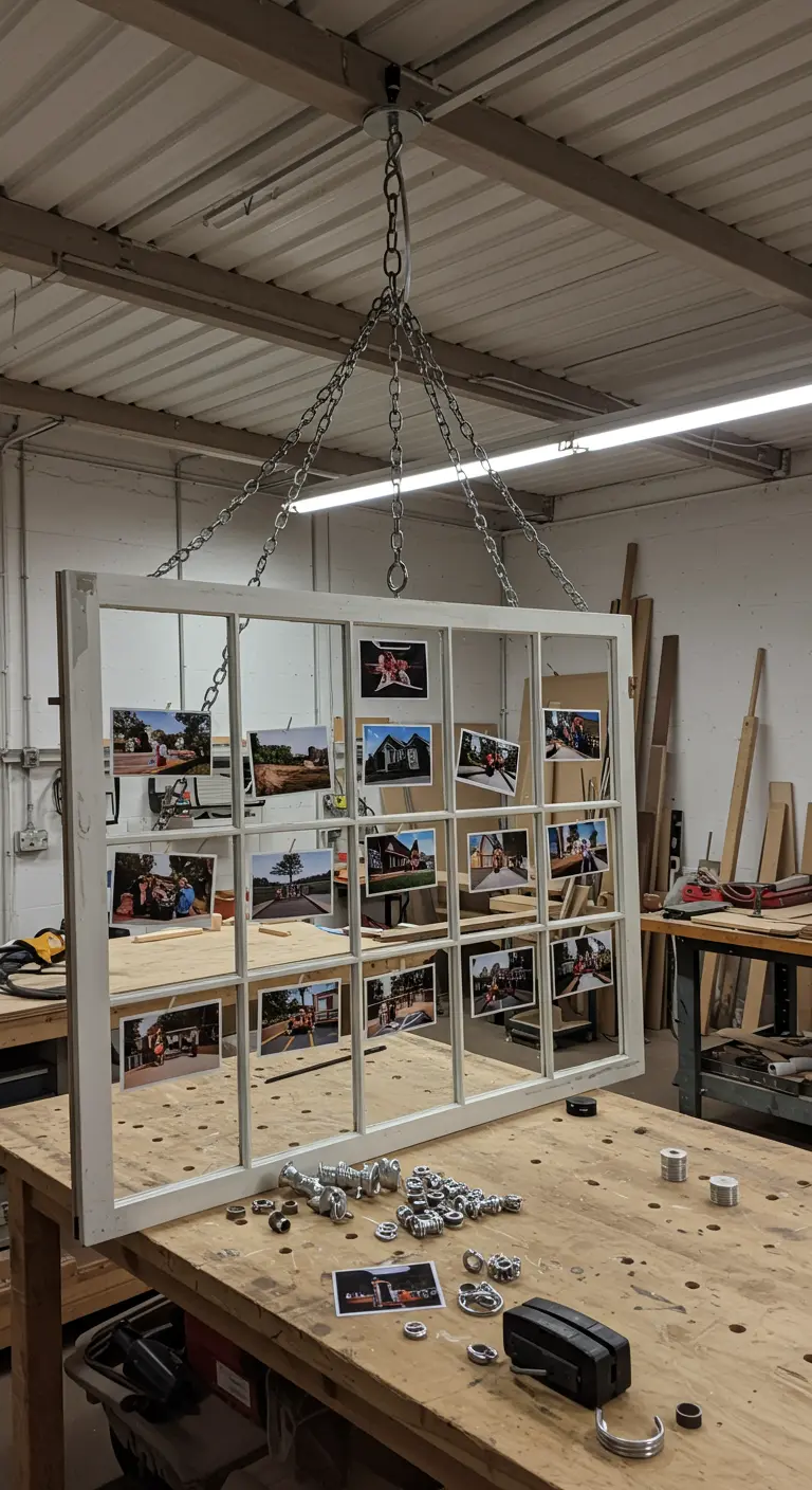 Gran marco de ventana blanco suspendido del techo con cadenas en un taller.