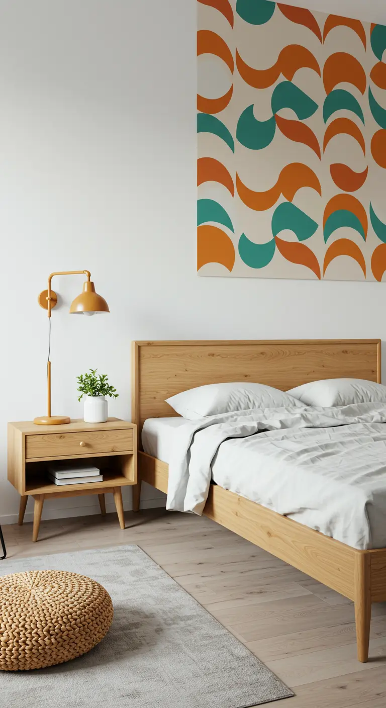 Dormitorio minimalista con muebles de madera clara y un gran cuadro de arte gráfico de los 70.