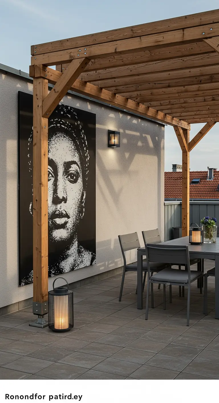 Terraza con una pérgola de madera, un gran retrato en blanco y negro en la pared y una mesa de comedor