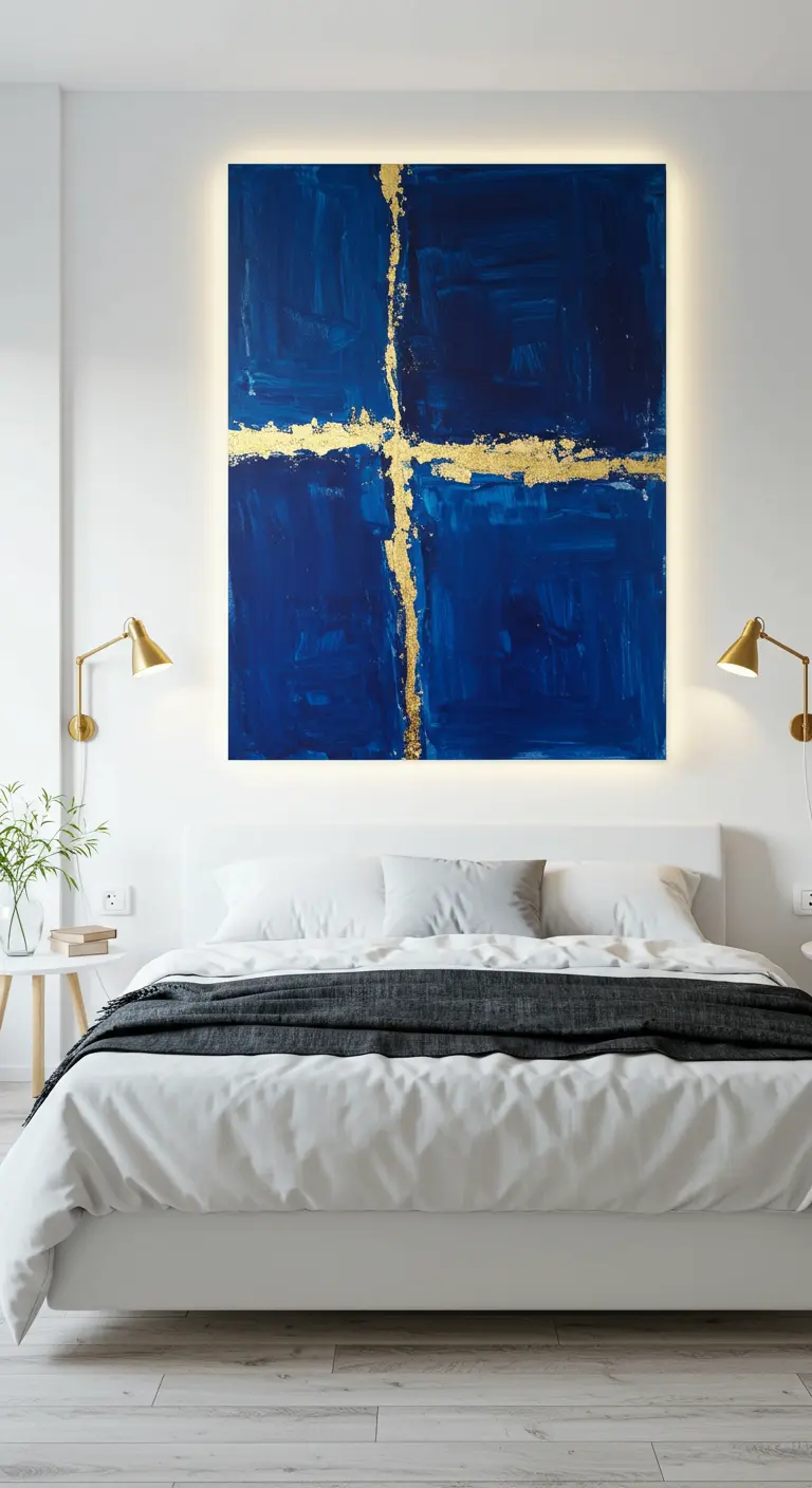 Dormitorio moderno con un gran cuadro abstracto azul y dorado retroiluminado sobre la cama.