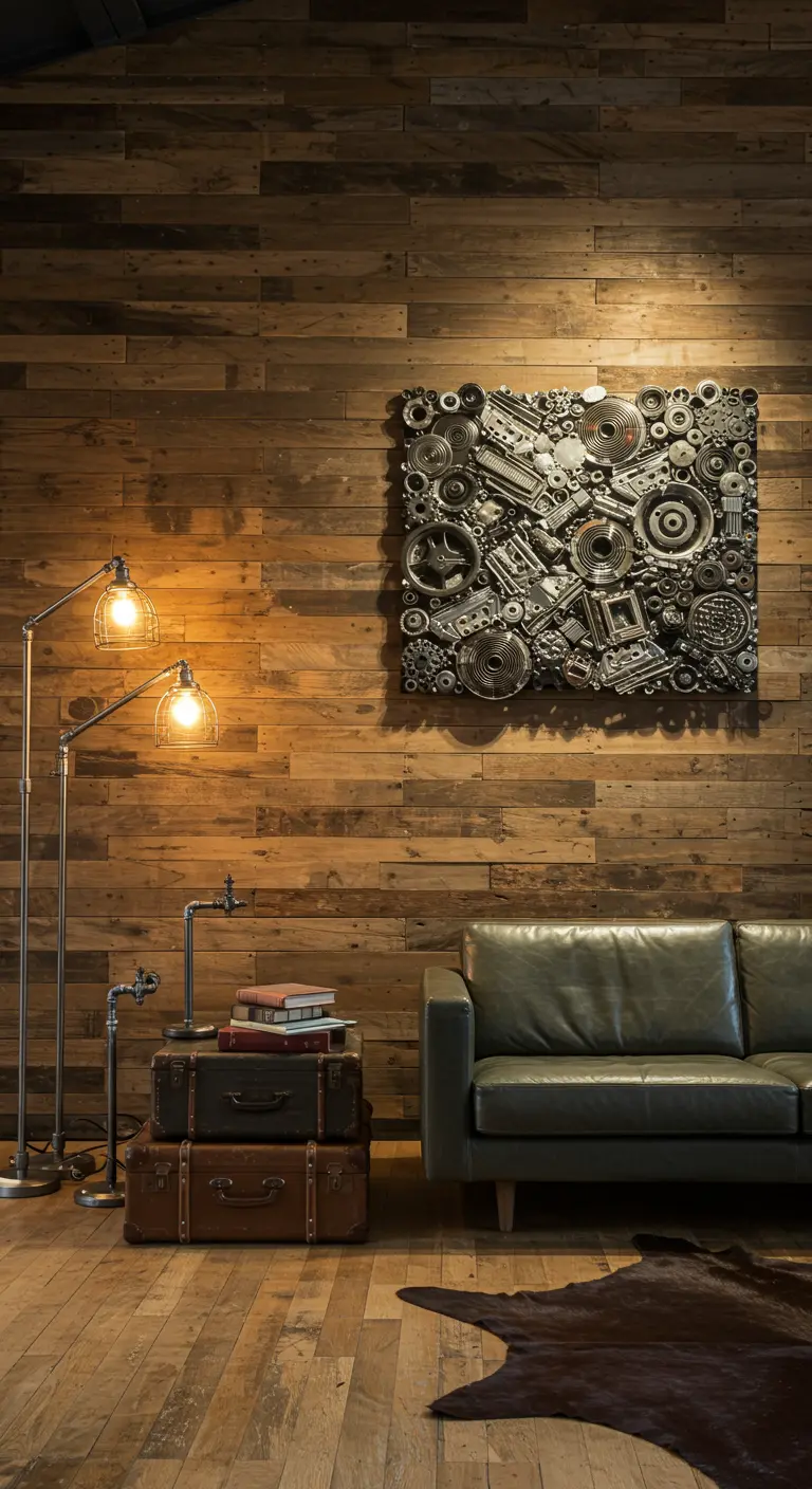 Obra de arte hecha con piezas mecánicas recicladas colgada en una pared de madera con lámparas de pie.