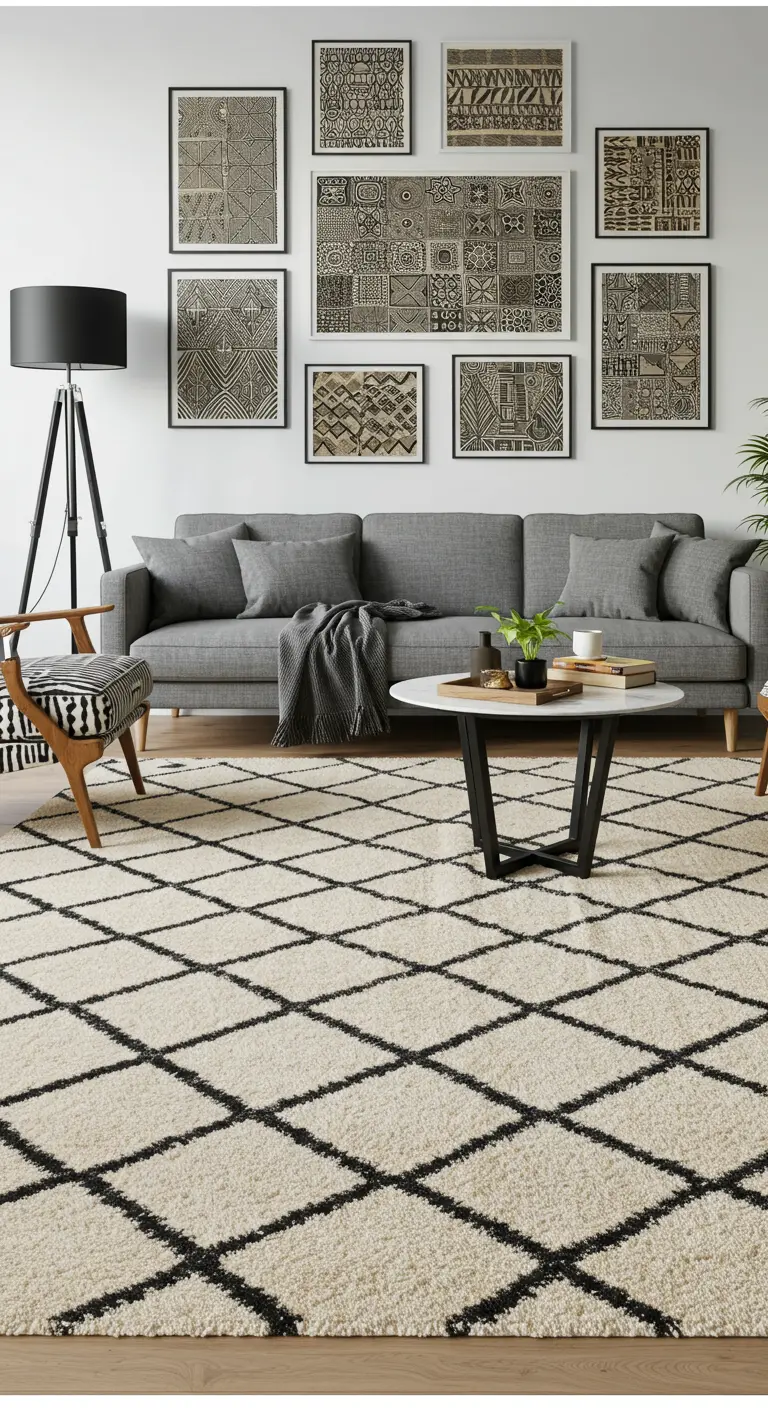 Salón con sofá gris y una galería de pared con láminas de patrones geométricos africanos.