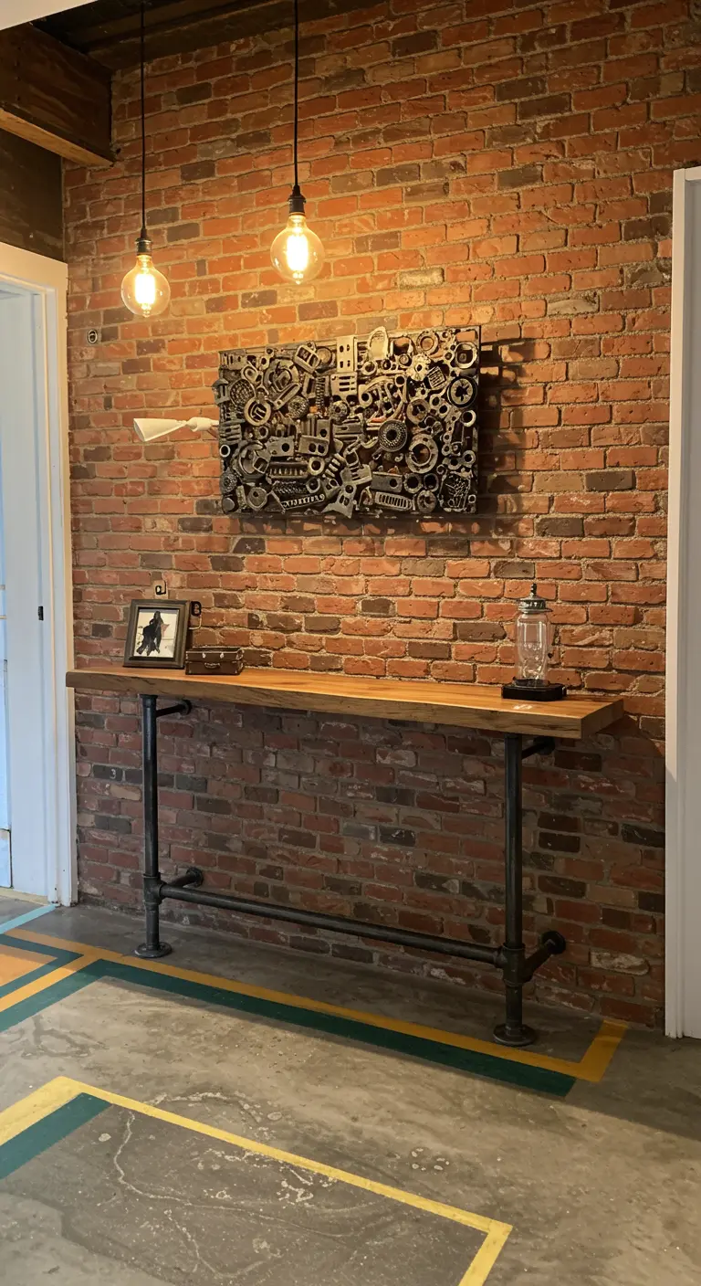 Recibidor industrial con pared de ladrillo y una escultura de engranajes metálicos.