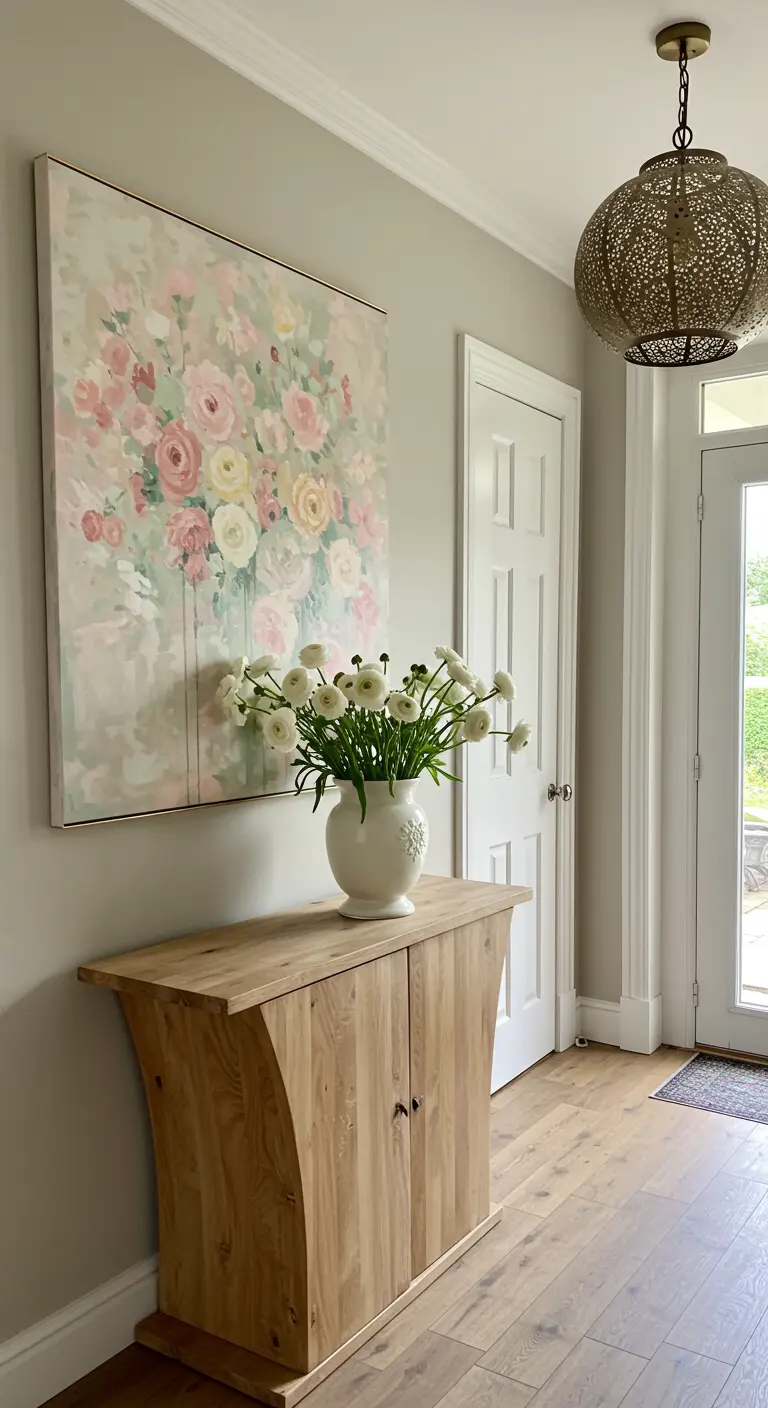 Consola de madera de roble con un gran cuadro de flores abstractas en tonos pastel colgado encima.