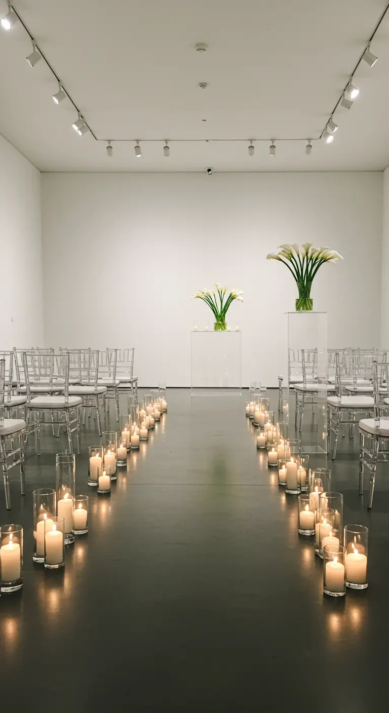 Ceremonia de boda minimalista en una galería blanca, con un pasillo de velas y calas.