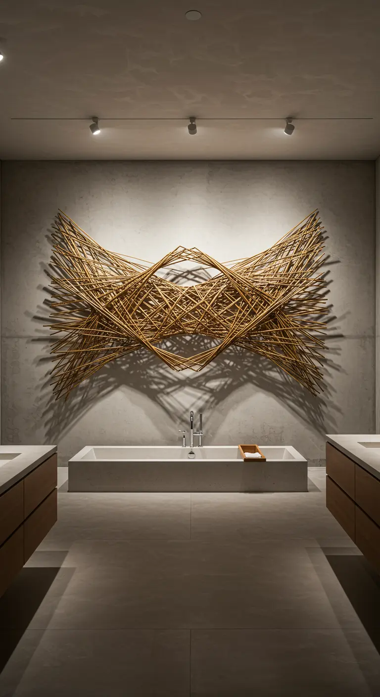 Escultura abstracta de varas de bambú en la pared sobre una bañera en un baño minimalista.