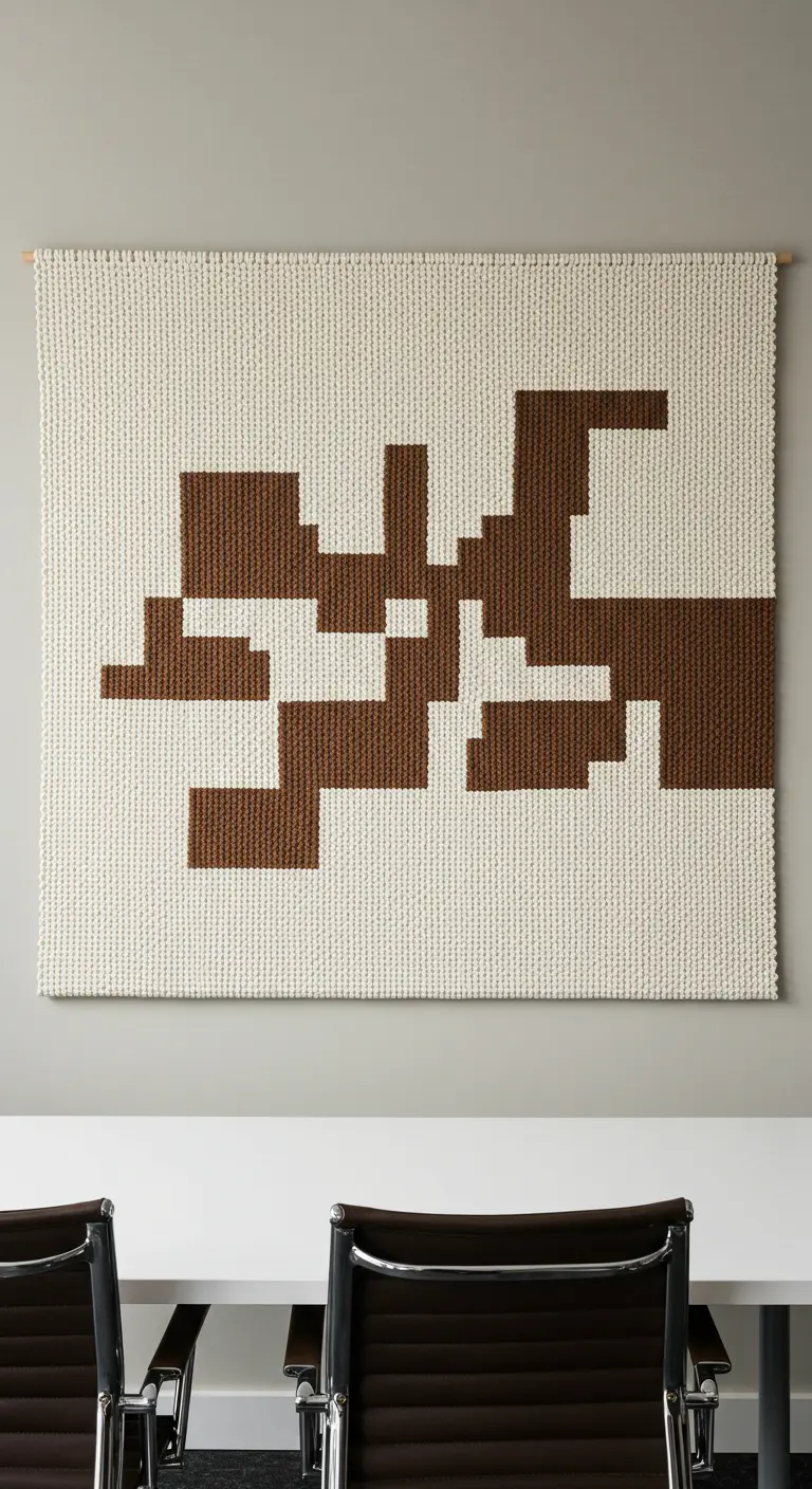 Gran tapiz tejido con un diseño geométrico abstracto en marrón sobre un fondo crudo.