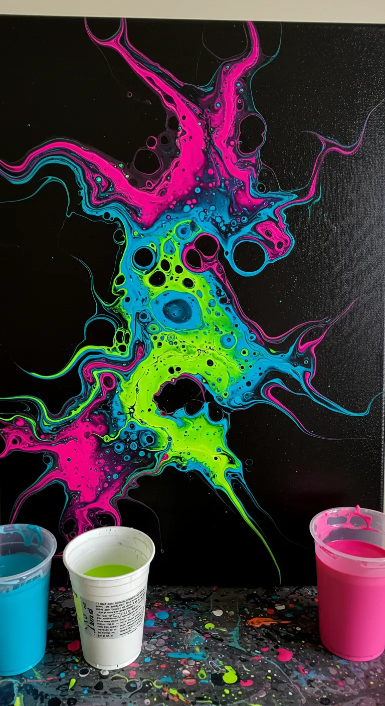 Pintura fluida con colores neón sobre fondo negro, creando formas orgánicas y brillantes
