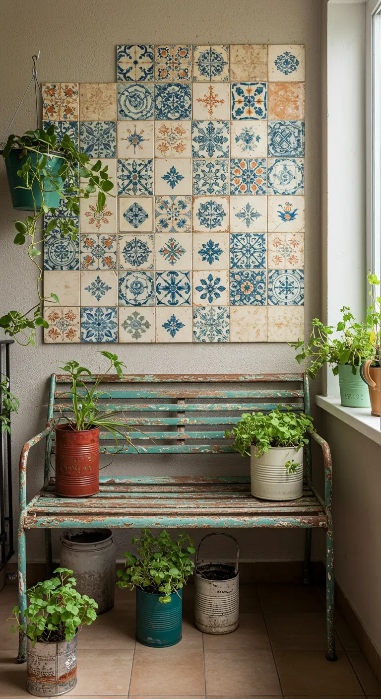 Panel de arte hecho con azulejos hidráulicos antiguos colgado sobre un banco de metal oxidado en un balcón.