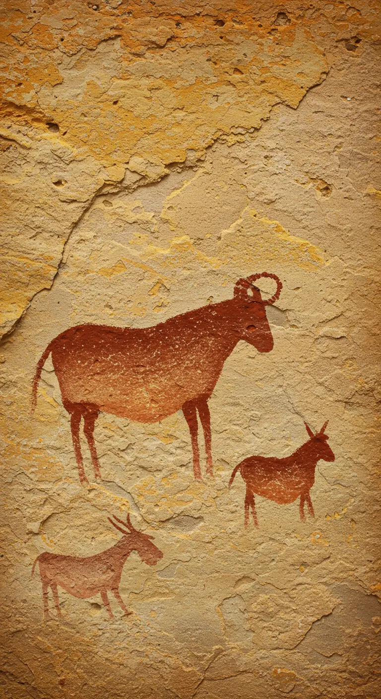Cuadro con textura de roca y pinturas de animales de estilo rupestre en tonos rojizos