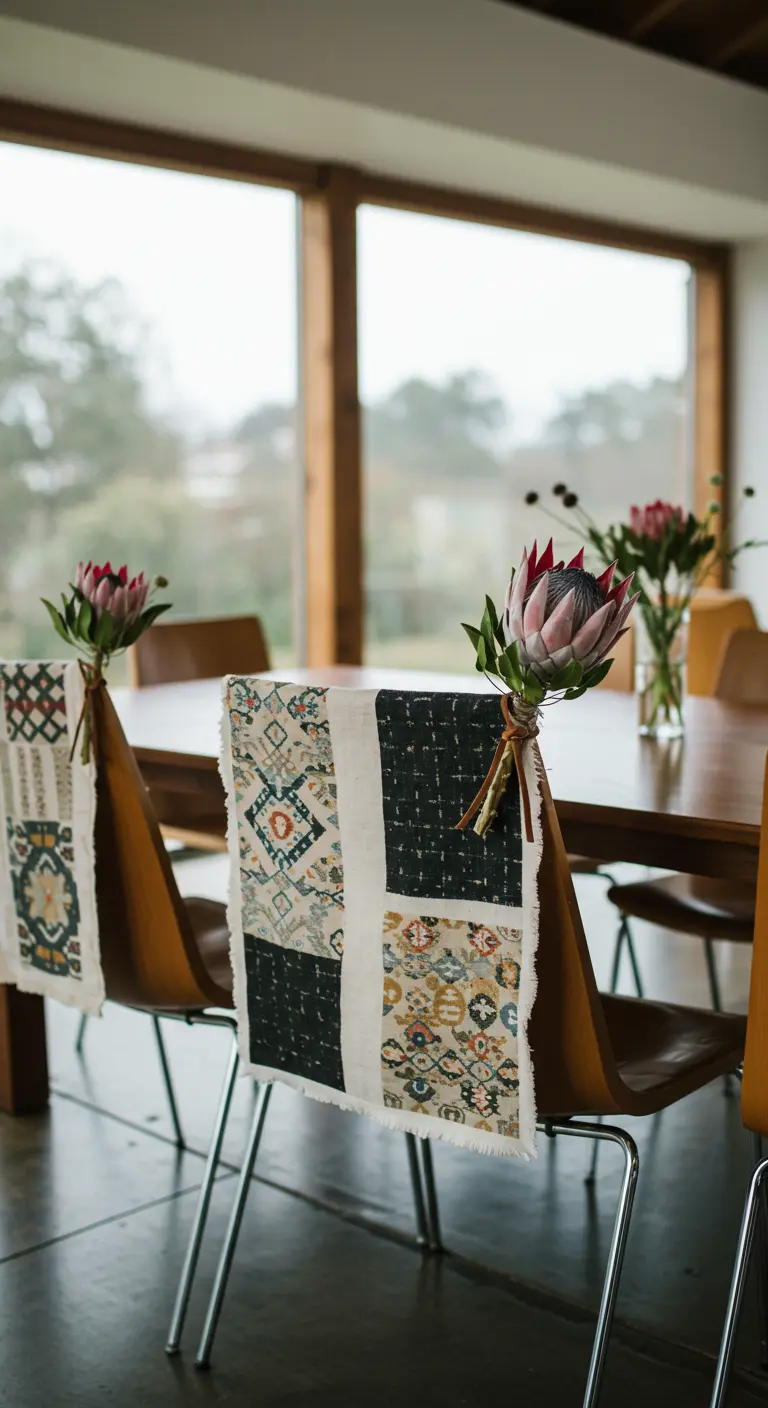Sillas de estilo moderno con tela de patchwork y una flor de protea.