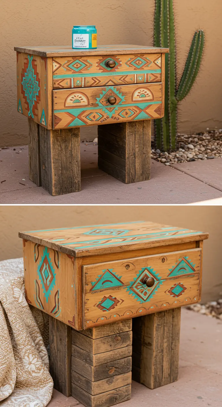 Mesita de noche de madera pintada a mano con patrones geométricos de estilo suroeste