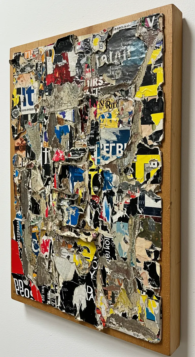 Collage con efecto de papel rasgado y desgastado sobre un bloque de madera.