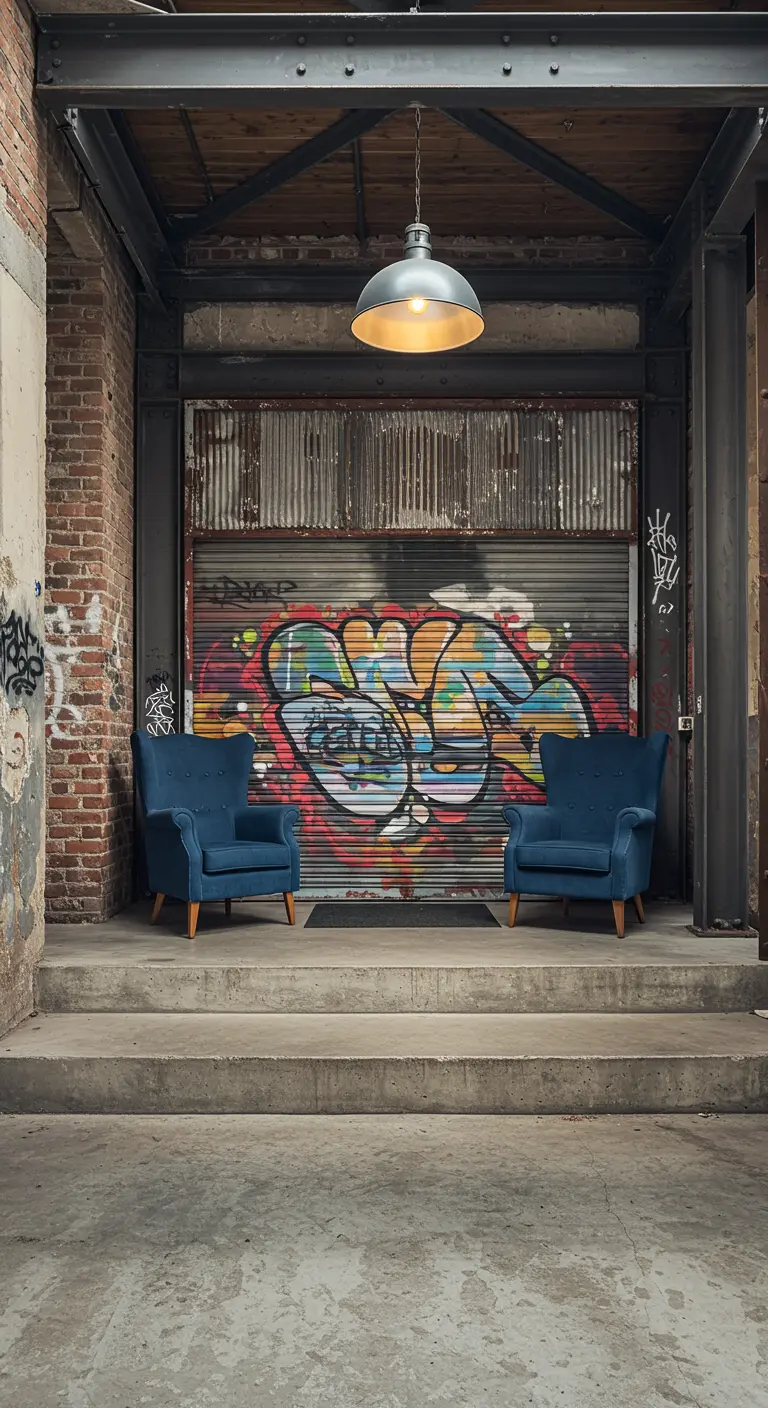 Espacio industrial con una puerta de garaje con graffiti y dos sillones azules