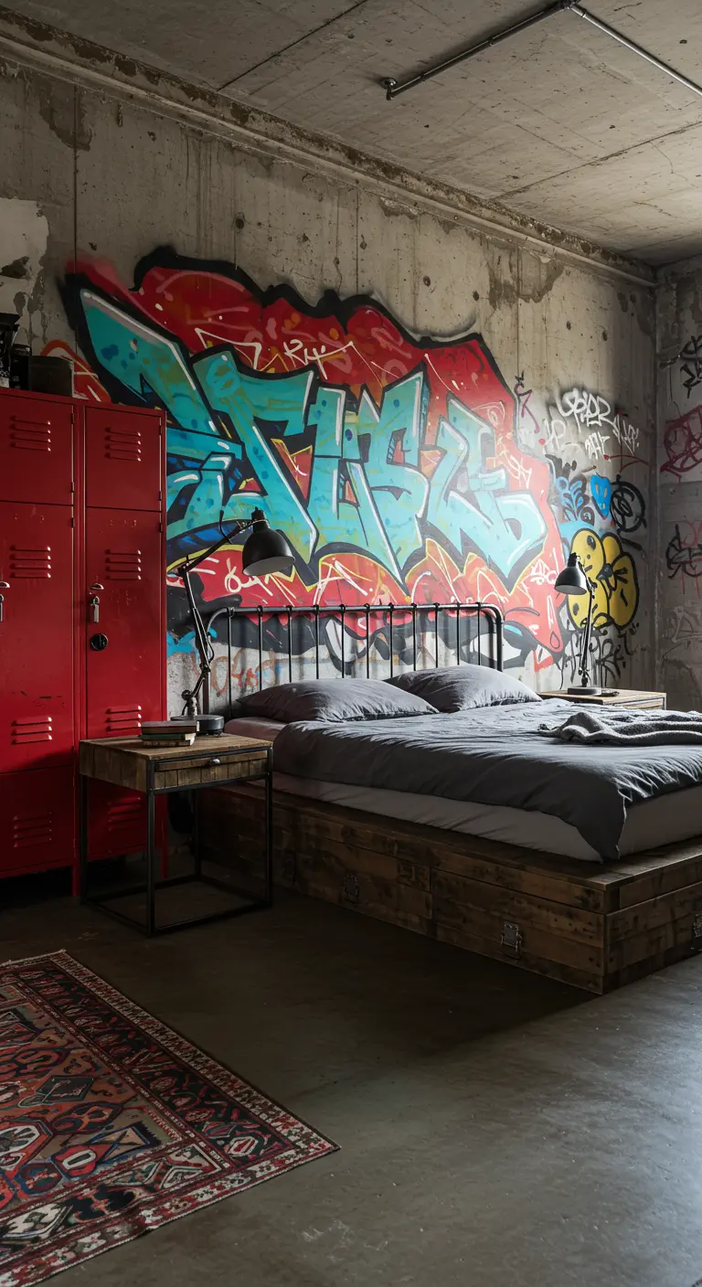 Dormitorio de estilo industrial con un gran grafiti en una pared de hormigón y una cama de madera.