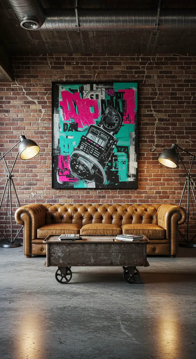 Sala de estilo industrial con pared de ladrillo, sofá Chesterfield y cuadro de arte urbano.