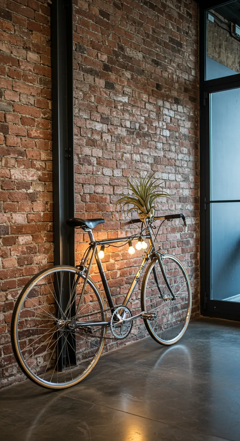 Bicicleta de carreras con una planta de aire y una guirnalda de bombillas en un interior industrial
