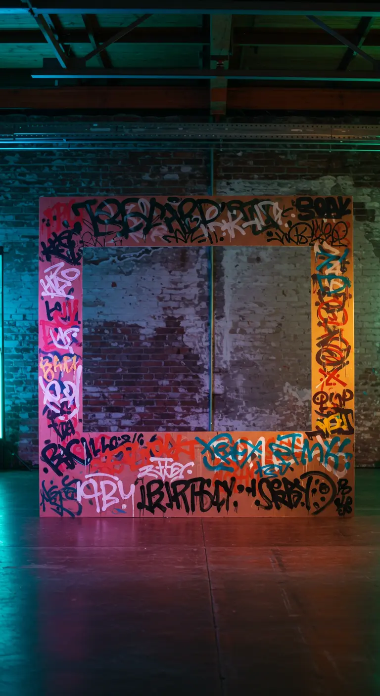 Marco de photocall cuadrado gigante cubierto de grafitis de colores en un espacio industrial.