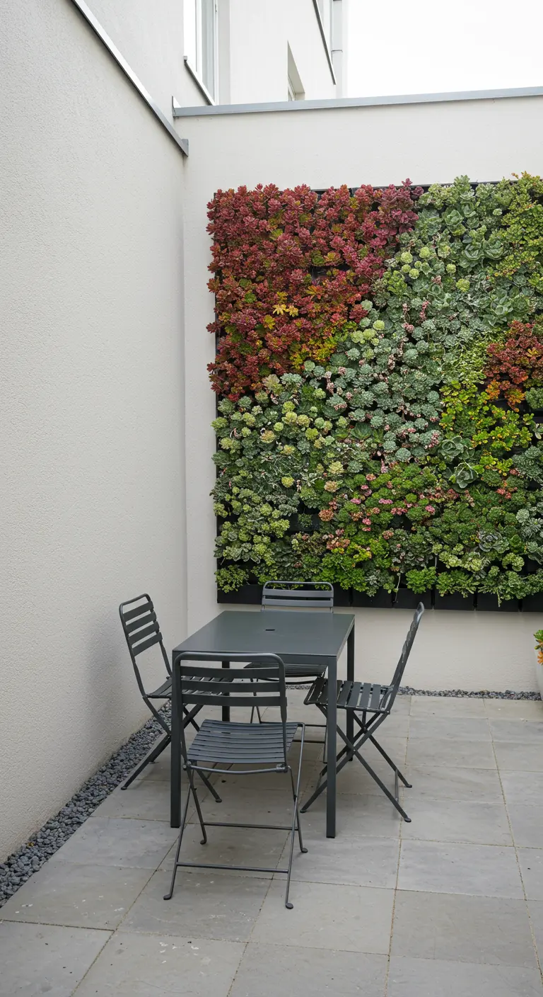 Patio minimalista con un gran jardín vertical de suculentas de colores y un conjunto de mesa y sillas negras