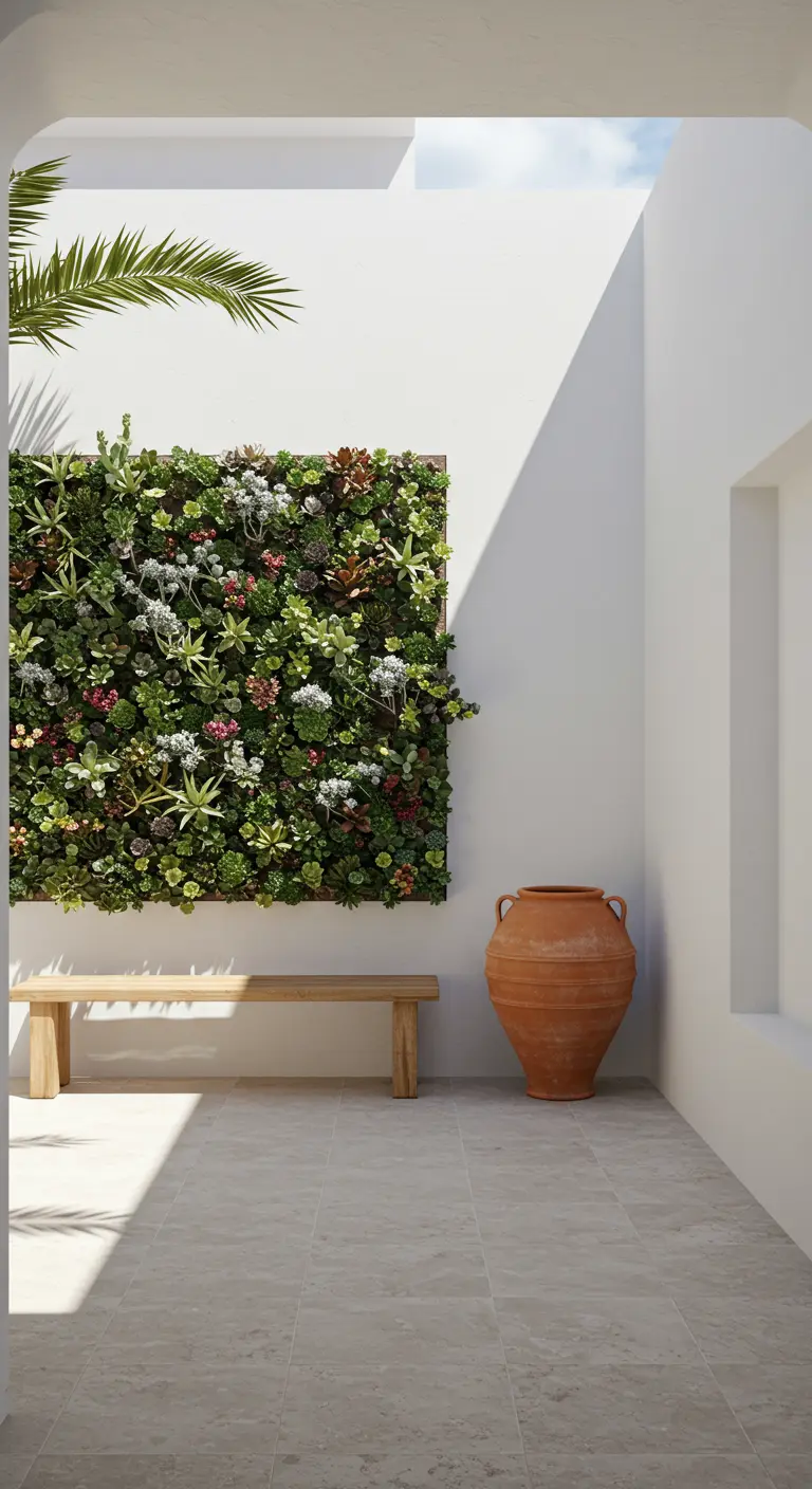 Pared blanca de un patio moderno con un jardín vertical cuadrado lleno de suculentas